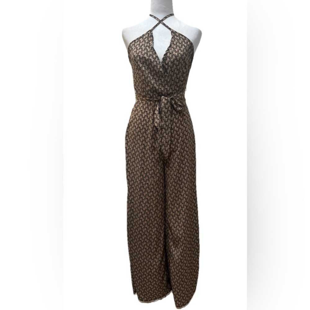 SHEIN Black & Brown Patterned Wide Leg Jumpsuit with CrisCross Straps Tie Belt S